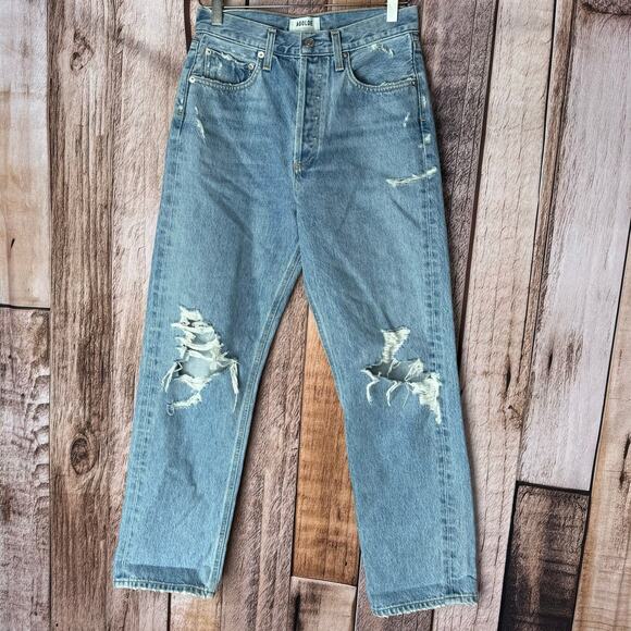 Agolde Jeans Denim 90s Mid Rise Loose Distressed Button Fly Blue Holes Retro 25 - Picture 1 of 9